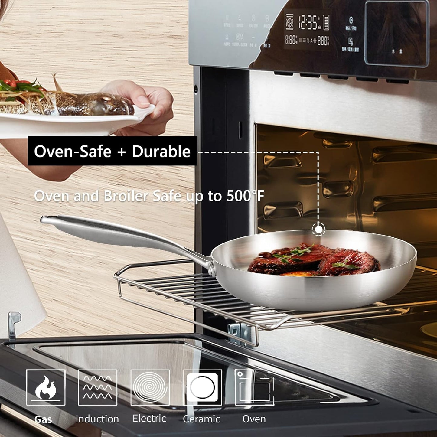 LOLYKITCH 10 Inch Tri-Ply Stainless Steel Frying Pan,Skillet,Chef's Induction Pan,Dishwasher and Oven Safe.