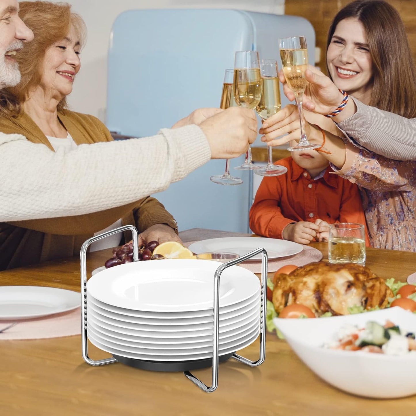 Wisuce Dish Racks for Kitchen Countertop Organizer - Bamboo Plate Holder Adjustable Size | Stainless Steel 304 Portable Handle for Kitchen Drawer Countertop Cupboard Shelf