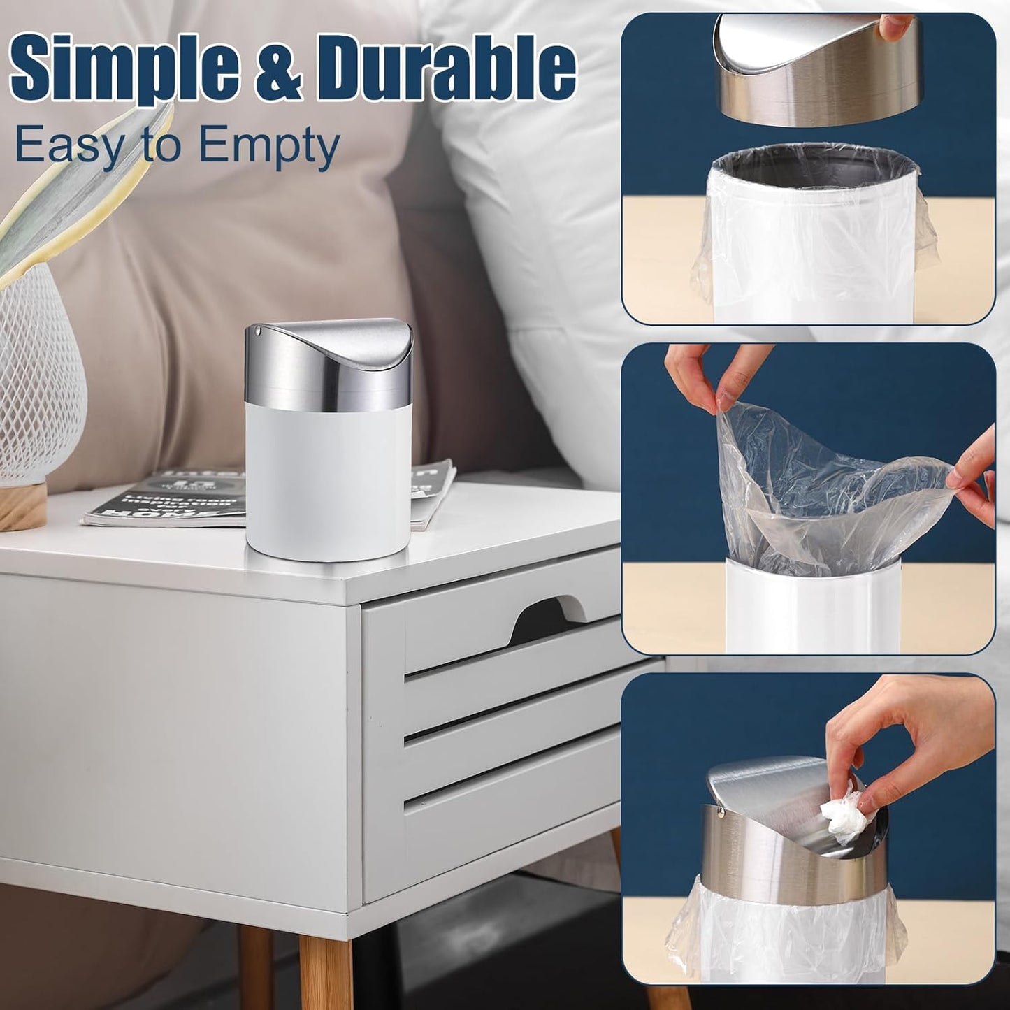 2 Pcs Desk Trash Can with Swing Lids, 12 Rolls of Trash Bags, 2L Brushed Stainless Steel Countertop Garbage Bin Small Wastebasket with Lid for Office Desk, Coffee Table(Matte White)