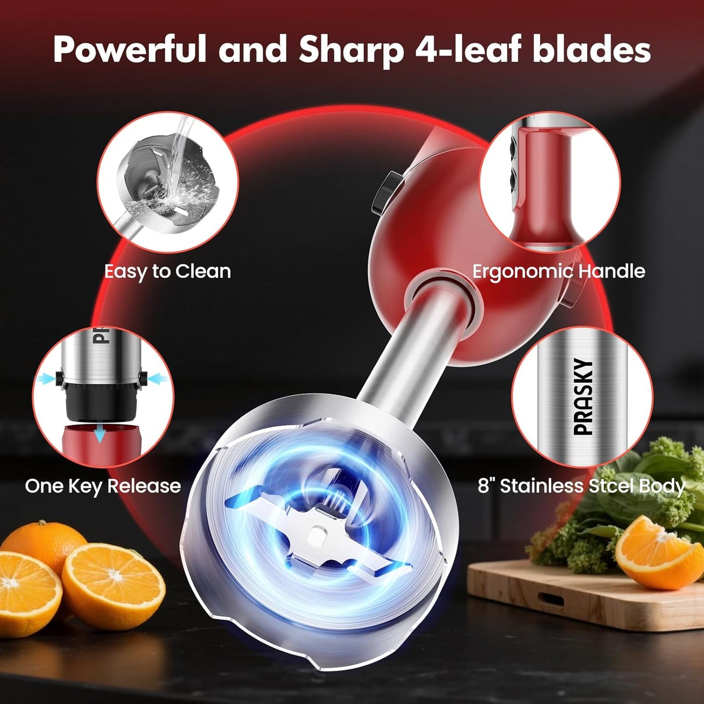 Immersion Blender Handheld，1200W Hand Blenders, 20 Speed & Turbo Mode Hand Held Blender, Stainless Steel Blades, Milk Frother Wand, Whisk, 600ml Beaker, 500ml Chopper (Red)