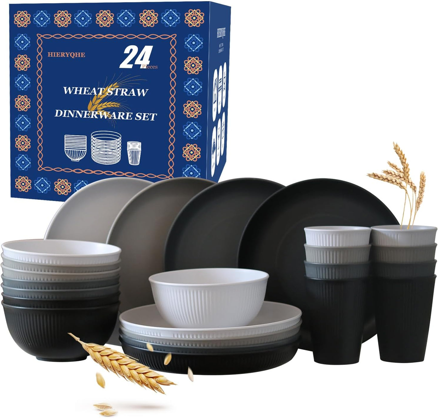 24pcs Wheat Straw Dinnerware Sets For 8, Unbreakable Plates and Bowls Wheat Straw Dinnerware Microwavable Cups Plates and Bowls Sets Shatterproof For Outdoor Kitchen Camping