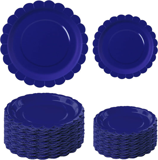 50 Pcs Blue Scalloped Paper Plates 25 × 7'' and 25 × 9'' Disposable Blue Scalloped Dinner Plates for Wedding Baby Shower Birthday Party Disposable Dessert Plate