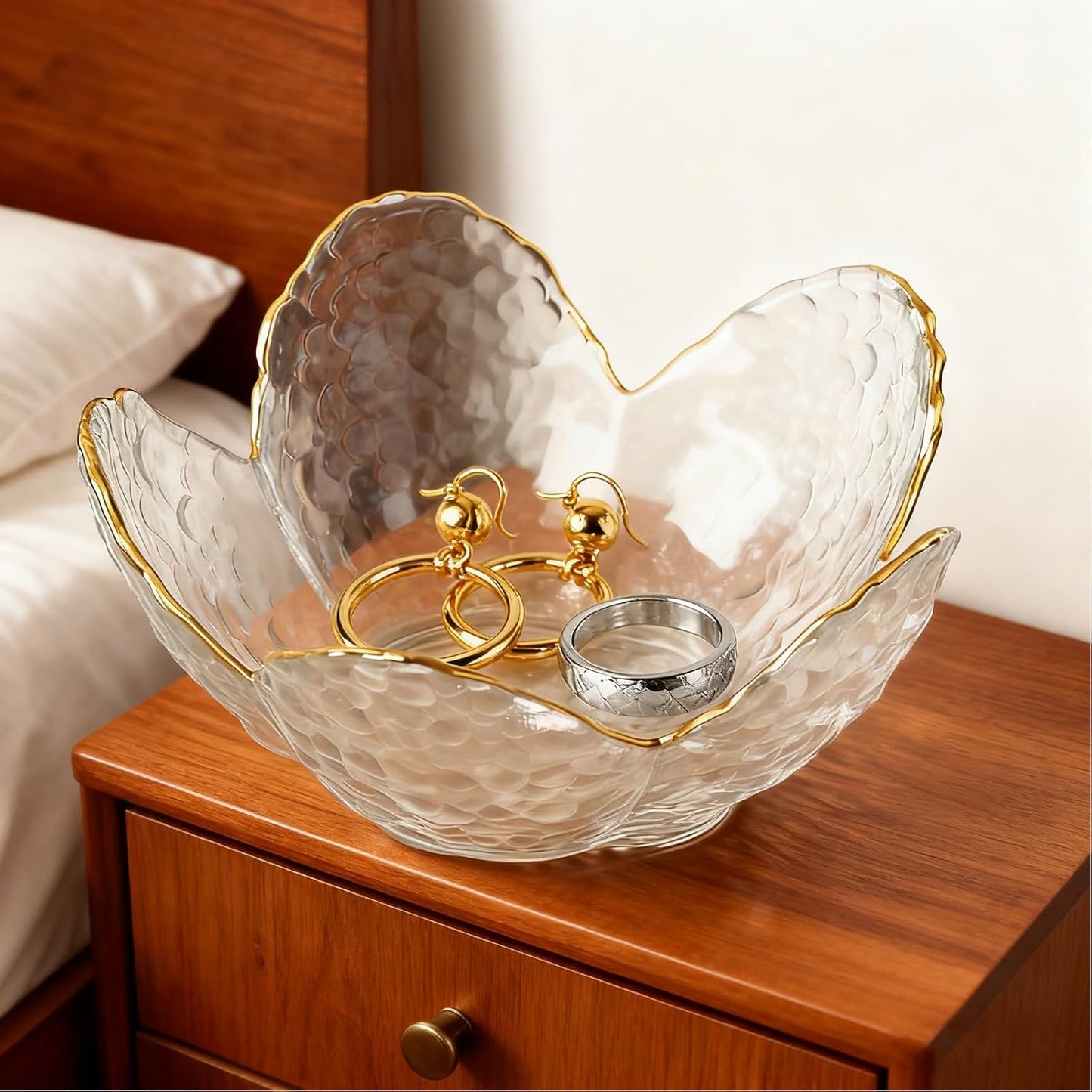 Clear Flower Jewelry Dish Tray Glass Ring Dish Jewlery Tray Cute Bathroom Trinket Dish Jewely Bowl Nightstand Decor Jewerly Plate Ring Holder Christmas Friendship Birthday Gifts for Women