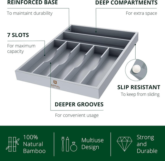 ROYAL CRAFT WOOD Luxury Bamboo Kitchen Drawer Organizer - Silverware Organizer - Utensil Holder and Cutlery Tray with Grooved Drawer Dividers for Flatware and Kitchen Utensils (7 Slot, Gray)