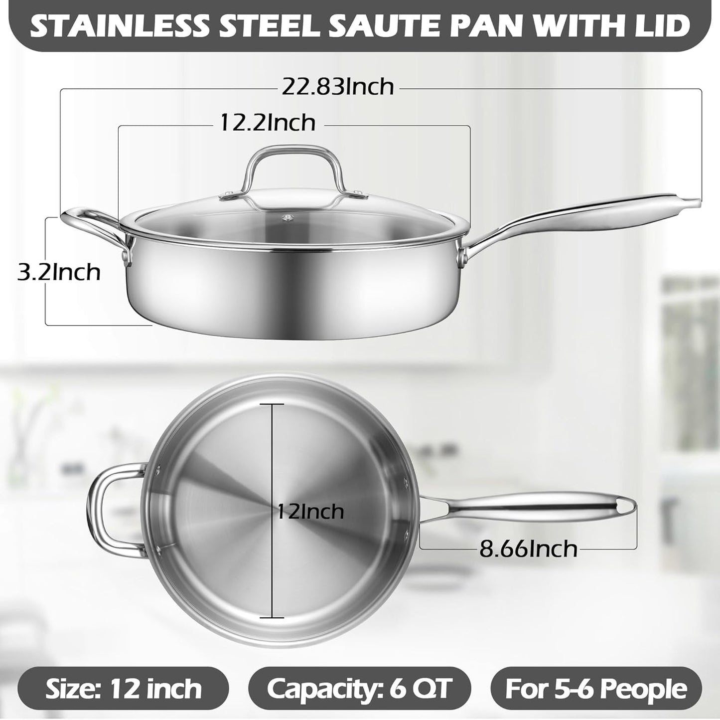 E-far 12 Inch Deep Frying Pan with Lid, 6 Quart Tri-Ply Stainless Steel Saute Pan, Kitchen Skillet, Healthy Non-toxic Cooking Pan for Induction Ceramic Gas Stoves, Heavy Duty, Oven & Dishwasher Safe