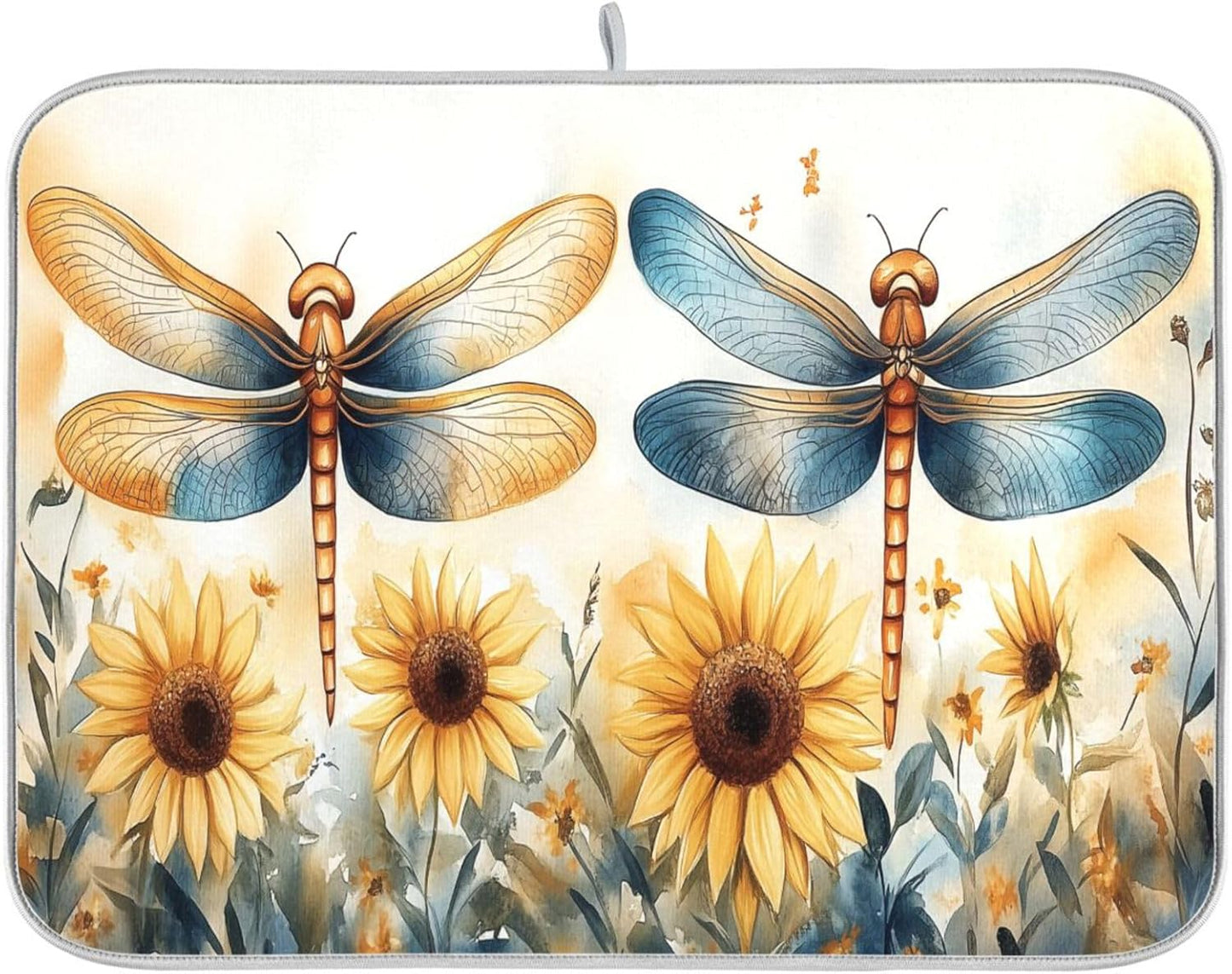 Watercolor Dragonflies Sunflowers Dish Drying Mat for Kitchen Counter Super Absorbent Dishes Pad Reversible Microfiber Protector Dish Draining Mats 16x18 inch