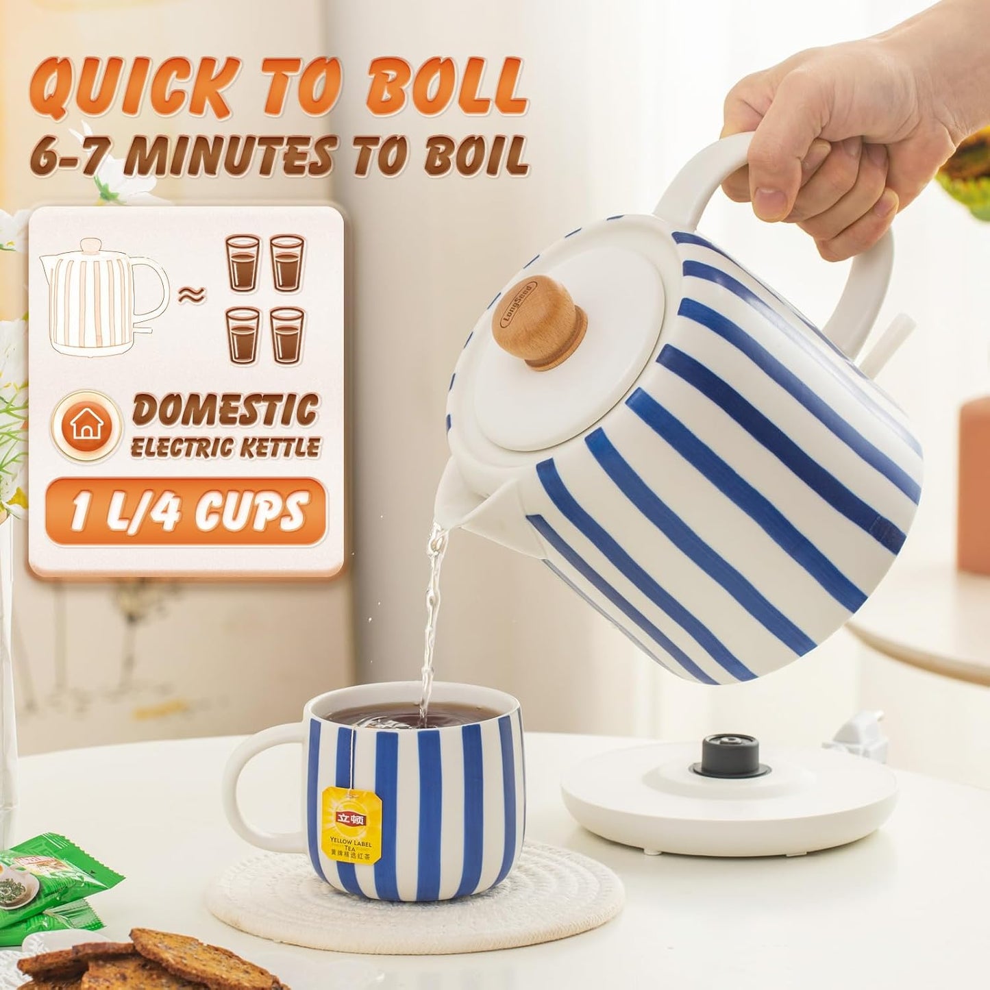 1.0-Liter Ceramic Electric Kettle, 1000W Rapid Boil, Tea Kettles Pot & Hot Water Boiler For Coffee & Tea, Teapot Auto Shut-Off, Boil-Dry Protection