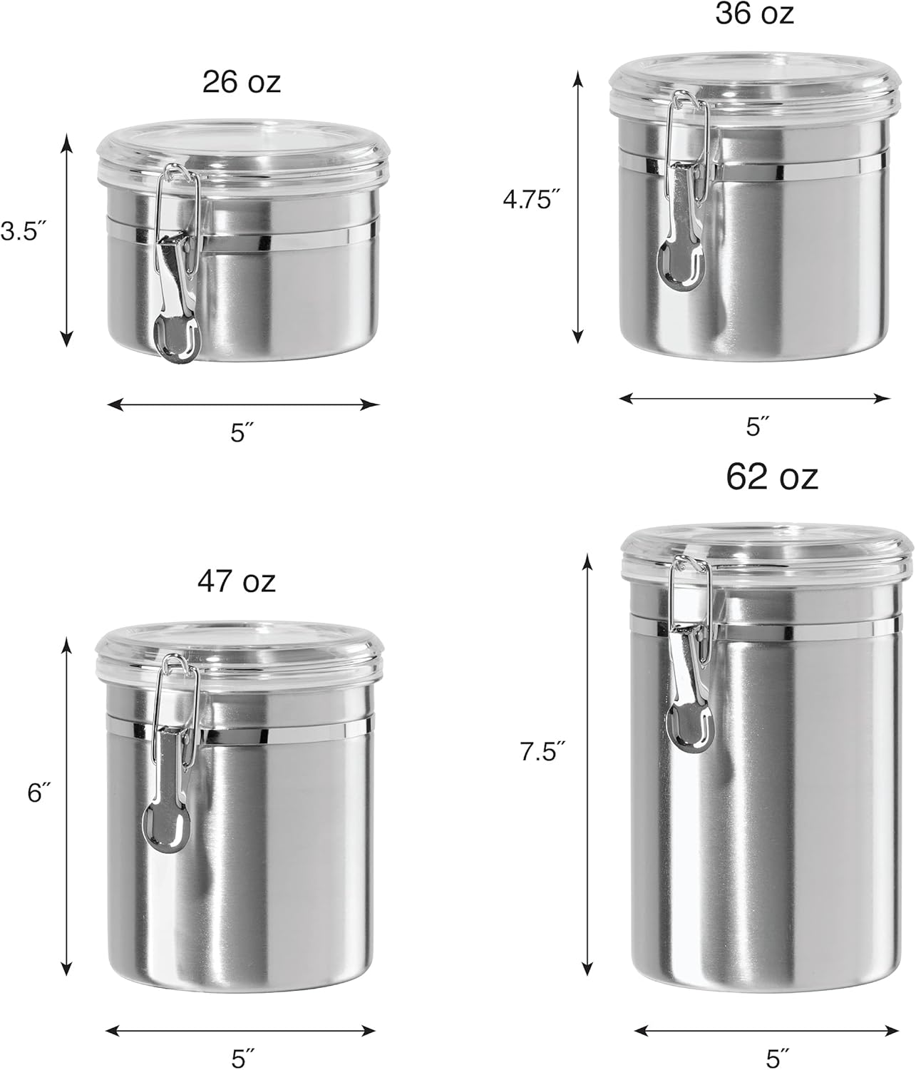 Oggi Set of 4 Stainless Steel Kitchen Canisters - Airtight Clamp Lid, Clear See-Thru Top - Ideal for Kitchen Storage, Food Storage, Pantry Storage - Includes 1 each: 26oz, 36oz, 47oz, 62oz.