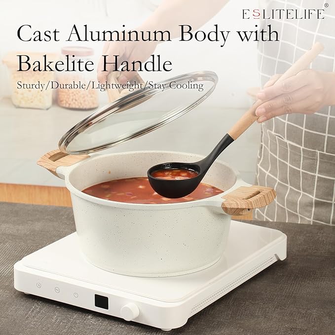 ESLITE LIFE Nonstick Stock Pot with Lid, 5 Quart Granite Casserole Large Soup Pot Pasta Cooking Pot, Induction Compatible, PTFE & PFOA Free, White