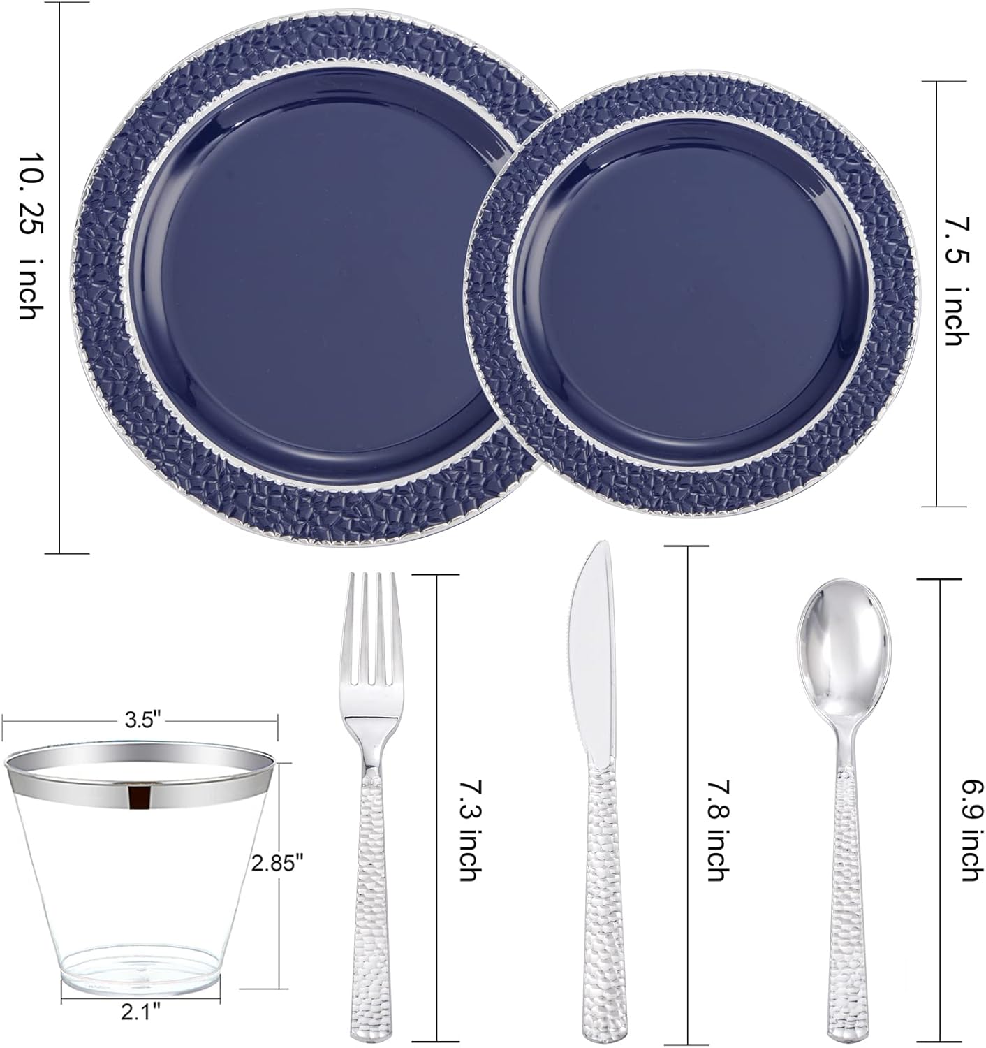 Ciaell 150 PCS Blue and Silver Plastic Plates - Blue Disposable Plate include 50 Plates, 25 Knives, 25 Forks, 25 Spoons, 25 Cups for Weddings & Party & Christmas