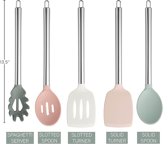 COOK WITH COLOR Silicone Cooking Utensils, Kitchen Utensil Set, Easy to Clean Silicone Kitchen Utensils, Cooking Utensils for Nonstick Cookware, Kitchen Gadgets Set, 5 Pieces, Mint