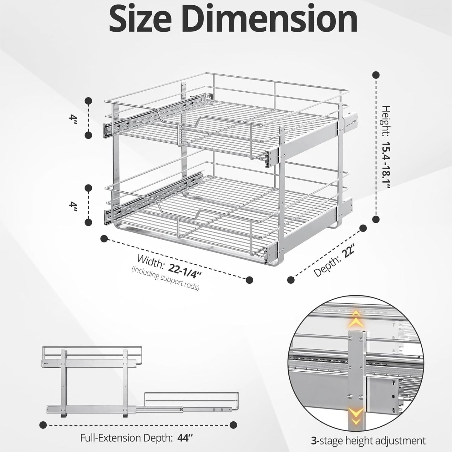 ZOINLIY Pull Out Cabinet Organizer, Versatile Slide Out Kitchen Organizers and Storage,Heavy Duty Drawer Cupboard Storage Basket, Smooth Sliding, Chrome Finish (2-Tiers-22¼''W×22“D)
