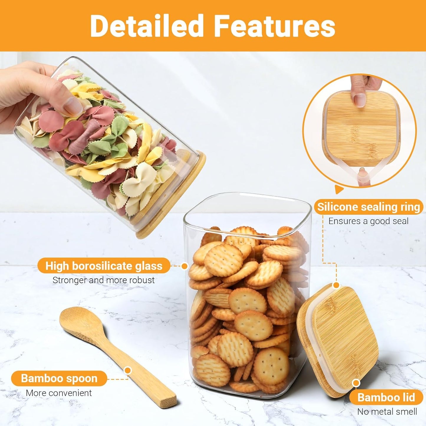 Glass Jars with Bamboo Lids, 4 Pack 37 Fl.oz Square Glass Jars with Airtight Lids, Stackable Kitchen Food Storage Containers for Flour Sugar Coffee Tea Candy - Included Labels, Marker and Spoon