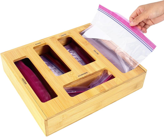 Bag Storage Organizer Compatible with Ziploc Gallon, Quart, Sandwich & Snack Sized Slider Bags,Bamboo Organizer For Drawer(13.7"L*11.8H"*3.1W")