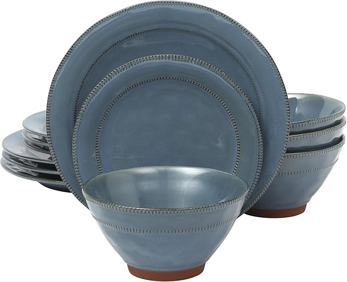Gibson Elite Terranea 12 Piece Dishes Reactive Glaze Plates and Bowls Terracotta Dinnerware Set - Service for 4 - Blue