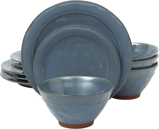 Gibson Elite Terranea 12 Piece Dishes Reactive Glaze Plates and Bowls Terracotta Dinnerware Set - Service for 4 - Blue