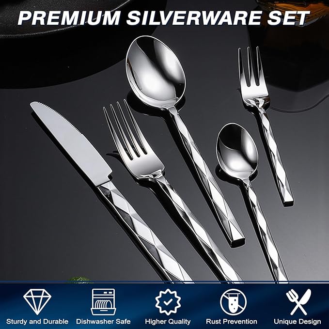 40-Piece Silverware Set, Luxury Silverware Set for 8, Stainless Steel Flatware with Diamond Cut Pattern, Mirror Polished Utensil Sets, Dishwasher Safe