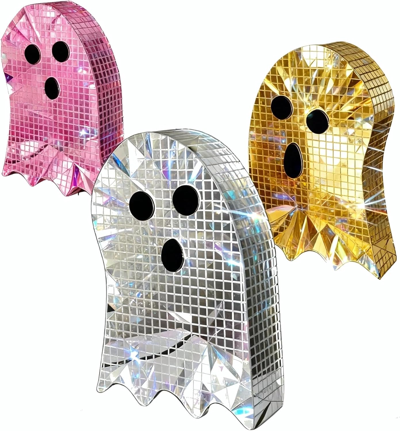 3 Pack Christmas Disco Laser Reflective Ghost Decor - 6 Inch Ball Table Centerpiece for Tiered Tray, Spooky Party & Home Decor, Sparkling Gothic Kitchen Desktop Decoration (Silver+Pink+Golden)