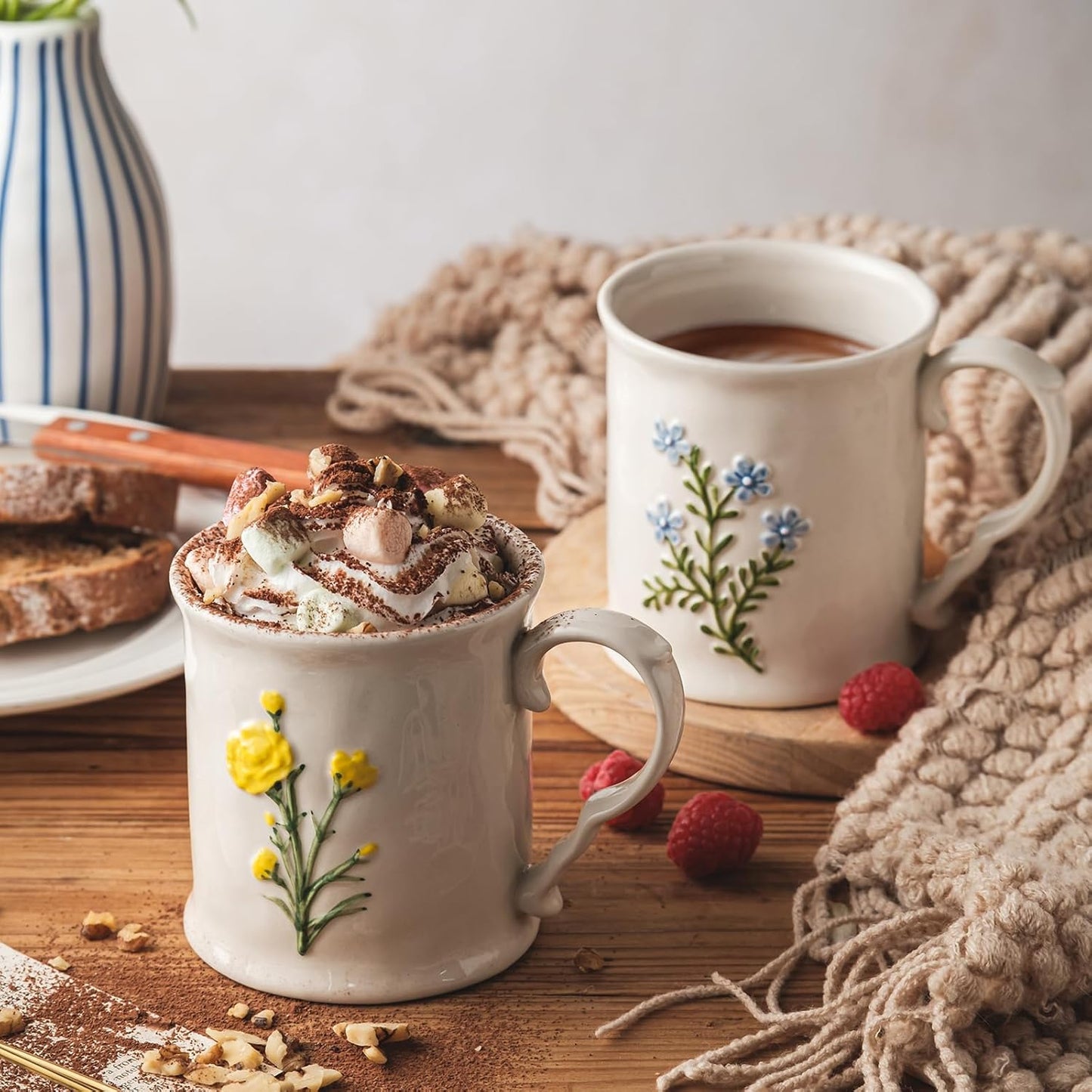 2 Pack Floral Ceramic Coffee Mugs - Yellow and Blue Flowers, Hand-Painted, Microwave & Dishwasher Safe, Ideal for Cappuccino, Tea, Hot Chocolate