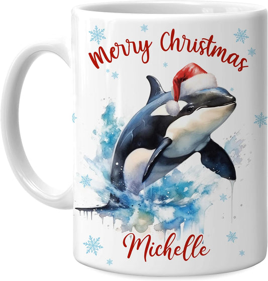 Hyturtle Personalized Gifts Orca Lover - Merry Christmas Customized Name Ceramic Coffee Mug Cup 11oz - Cute Sea Animal Lovers Gifts For Women, Girl kids Family On Birthday, Christmas