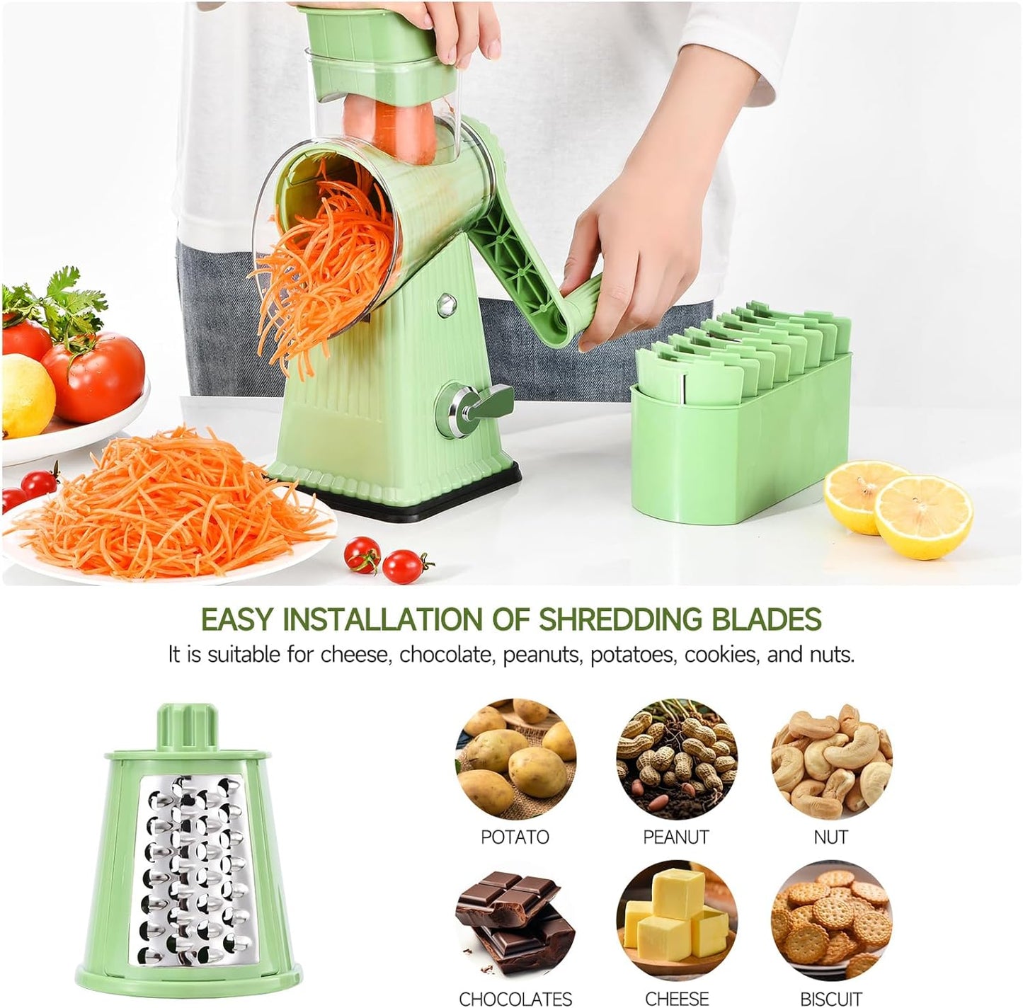 Xilrvna RotaryCheeseGrater,VegetableShredder 5 in 1 Cheese GraterwithHandleedderReinforcedSuction,EasytoClean,KitchenChopperforCrushedIce,Fruits and Nuts with Blade StorageCase（light green）