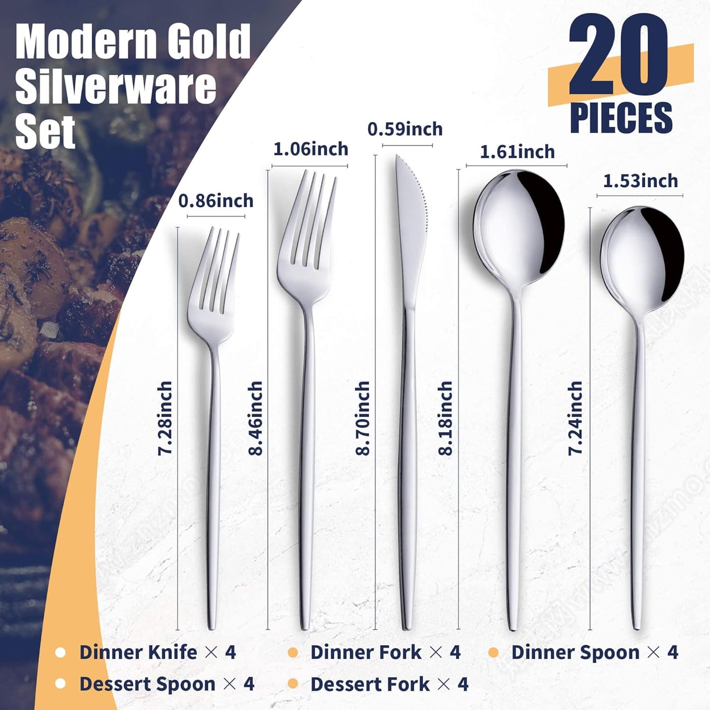20 Piece Silverware Set,Stainless Steel Flatware Cutlery Set Service for 4 Including Forks Spoons Knives,Kitchen Utensil Set,Tableware for Home and Restaurant, Dishwasher Safe