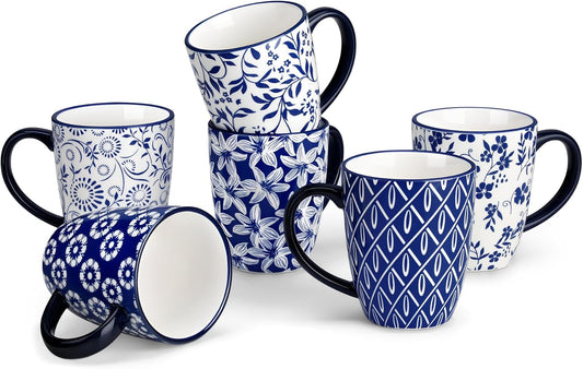vancasso SELENE Coffee Mugs Set of 6, 12 Oz Porcelain Coffee Cups with Handle, Ceramic Tea Cup for Cappuccino, Latte, Tea, Cocoa, Dishwasher & Microwave Safe Gift Sets, Vintage Blue