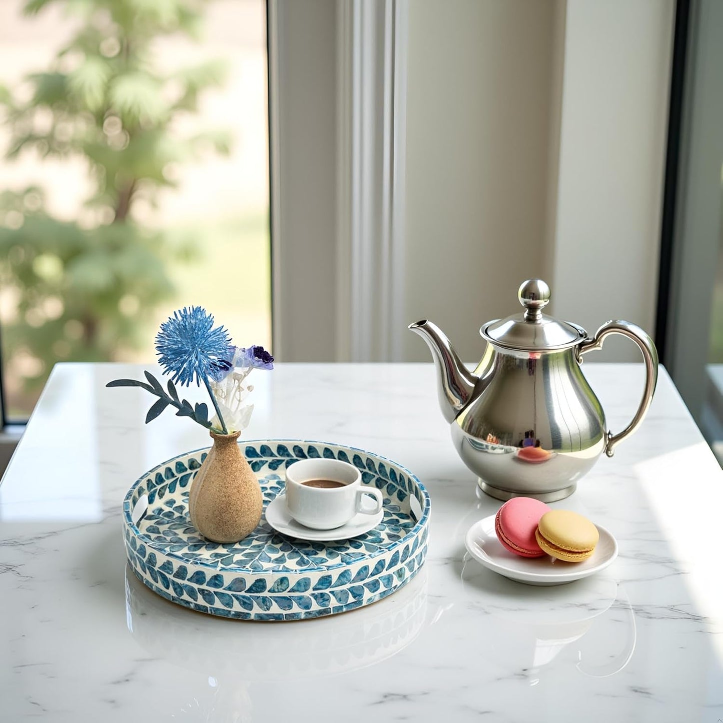 CLAYNIX Serving Tray 12.5 Inch, Lacquer Mother of Pearl Inlay Mosaic Tray, Round Wooden Marble Tray with Handles Trays for Tea, Breakfast (Leaf Style)