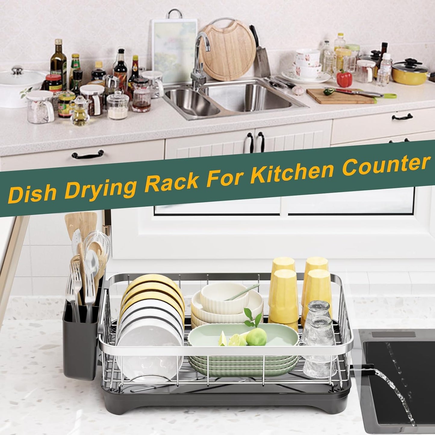 LIYI Dish Rack for Kitchen Counter,Stainless Steel Drying Rack,304 Stainless Steel with Drainage Plate,Large Capacity Utensil Storage System,Intelligent Drainage and Deflector Structure,Black