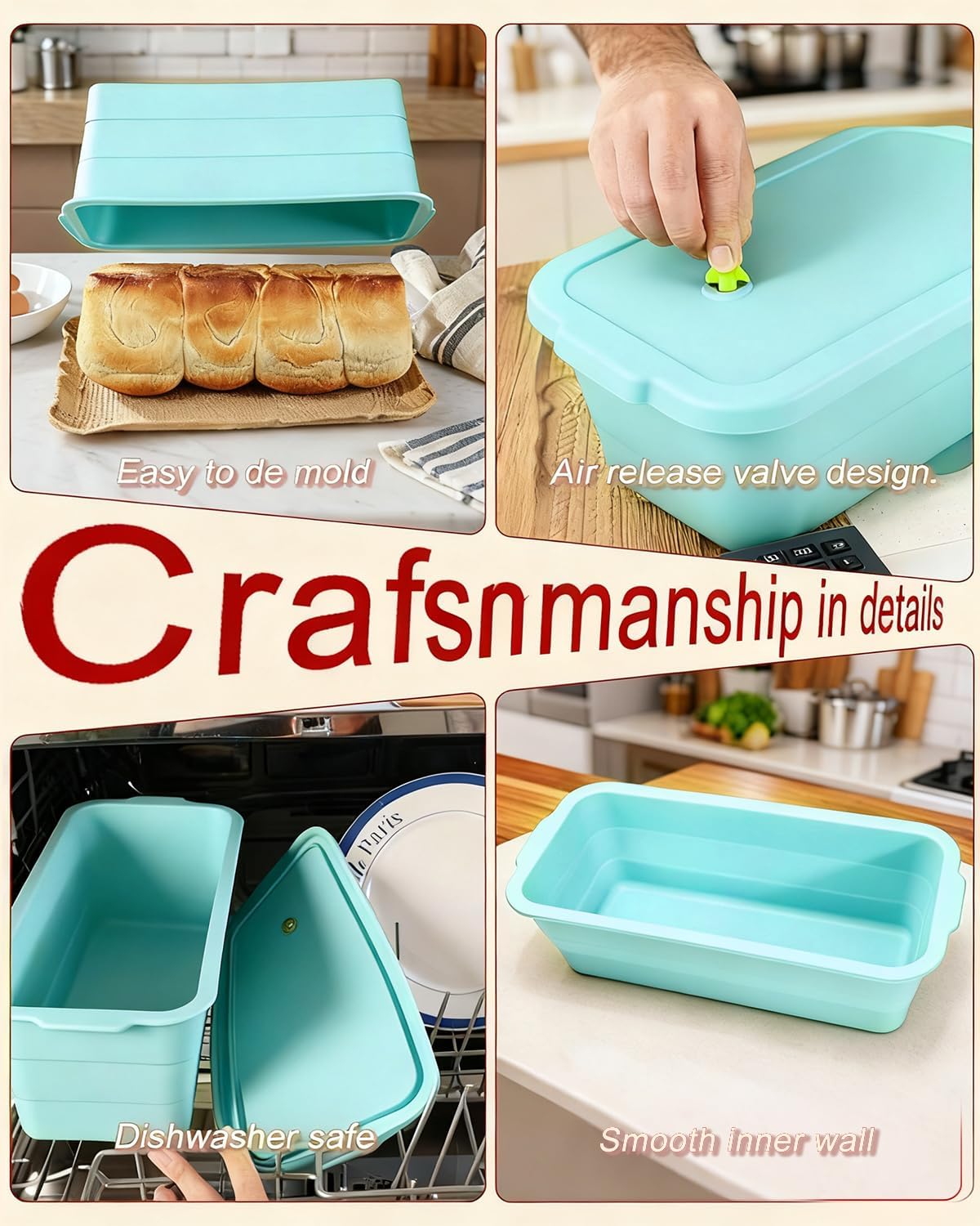 Large size foldable silicone bread loaf pan with lid,11x4.7 Inch easy to store non stick Bread Baking Pans,Sourdough Bread Pan with Baking Tool Supplies Kit for Homemade Bread, Cake