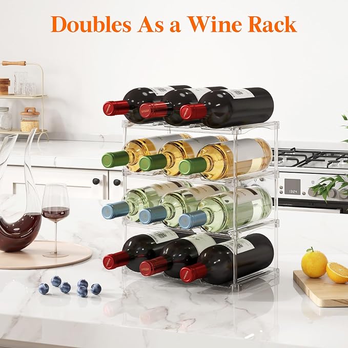 Lifewit Stackable Water Bottle Storage Organizer, Clear Freestanding Wine Bottle Holder for Cabinet, Tumbler Cup Organizer, Plastic Large Compartment Wine Rack for Fridge Cellar, 3Tier Hold 12