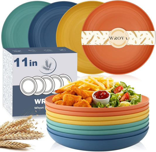 Wrova Large Wheat Straw Dinner Plates - 11 Inch Unbreakable Big Set of 8 - Dishwasher & Microwave Safe Plastic Plates - Deep Edge for Kitchen & Camping (Colorful)