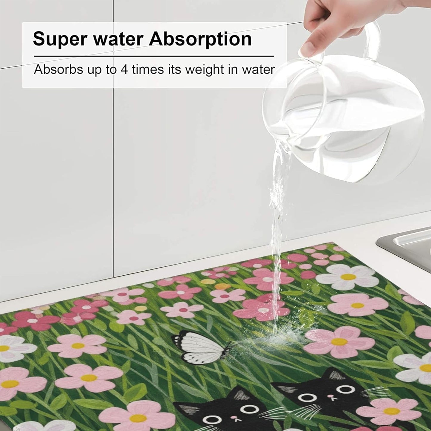 Pink Floral Cat Dish Drying Mat for Kitchen Counter, 16"x18" Microfiber Absorbent Fast Dry Mat, 2Pcs Dish Mat Faucet Mats Sets, Large Drying Kitchen Mat Kitchen Drying Pad Coffee Bar Decor Gifts