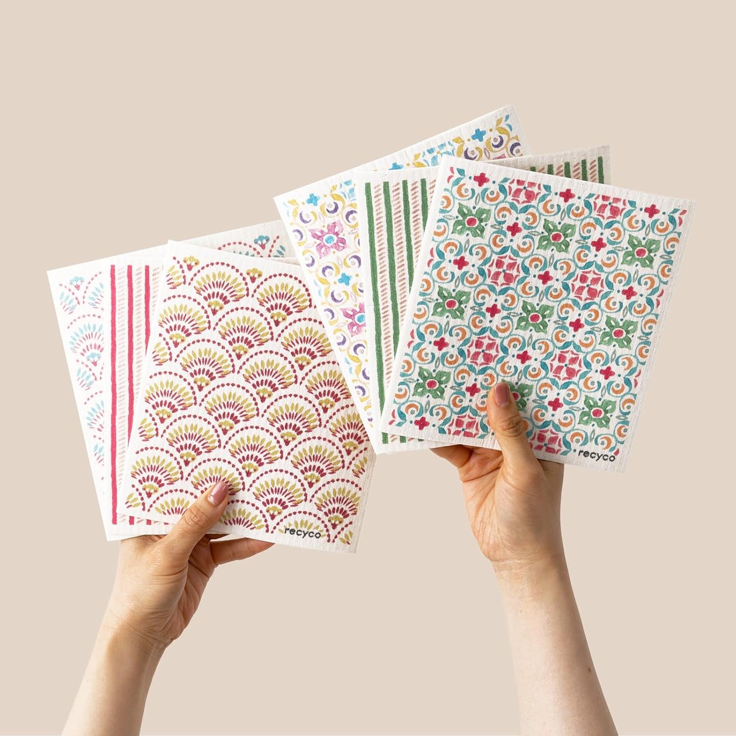 RECYCO Swedish Dishcloths for Kitchen | 6 Pack Boho Mosaic Bliss Washable Dish Rags | Cellulose Reusable Cleaning Paper Towels | Absorbent Counter Dish Cloth Sponge Kitchen Wipes, 8" L x 7" W