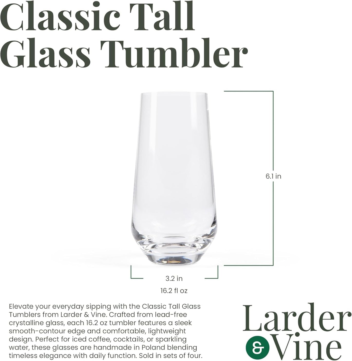 Larder & Vine Crystalline Glassware Tumbler Set, Artisan Drinkware for Cocktails, Water, Whiskey or Spirits, Handmade in Poland (Classic Tall)