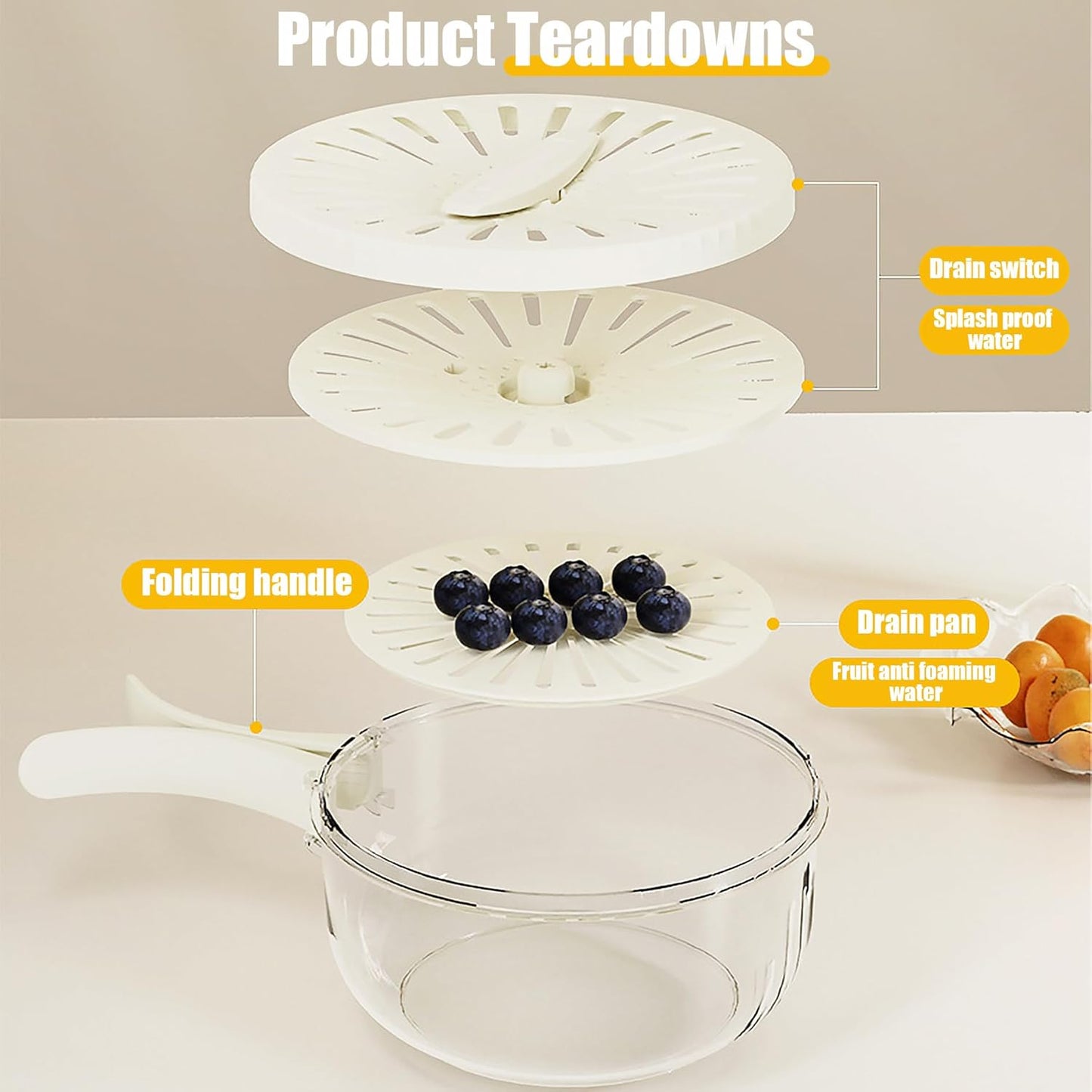 2025 New Draining Basket with Lid, Fruit Drainer Container with Handle, 2 in 1 Multi-function Drain Basket, For Rinsing Straining Vegetable Washing Fruit Portable Storage Container (Beige)