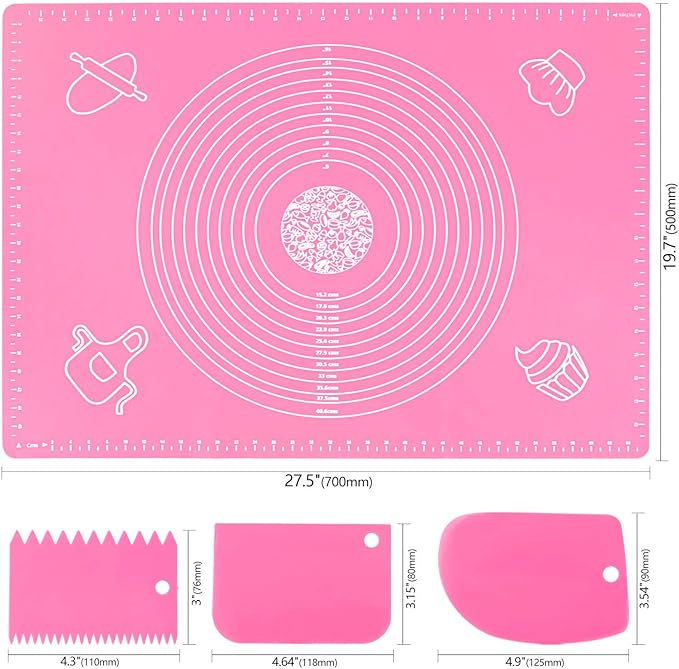 Silicone Pink 70x50cm Baking Mat Sheet Pastry Mat with Measurement, Non-Slip Pastry Rolling Mat, Non-Stick Dough Kneading Board Mat, Bread Fondant Mat, Cooking Bakeware Mat Table Placemat(Scraper)