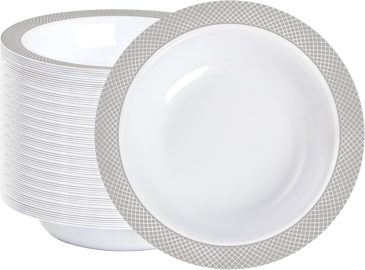 I00000 100 Silver Plastic Bowls,12 OZ White Disposable Bowls,Fancy Plastic Salad Bowl,Premium Heavy Duty Disposable Soup Bowl for Parties,Weddings,Dinners, Catering, Picnics