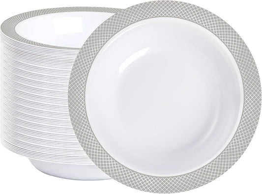 I00000 100 Silver Plastic Bowls,12 OZ White Disposable Bowls,Fancy Plastic Salad Bowl,Premium Heavy Duty Disposable Soup Bowl for Parties,Weddings,Dinners, Catering, Picnics