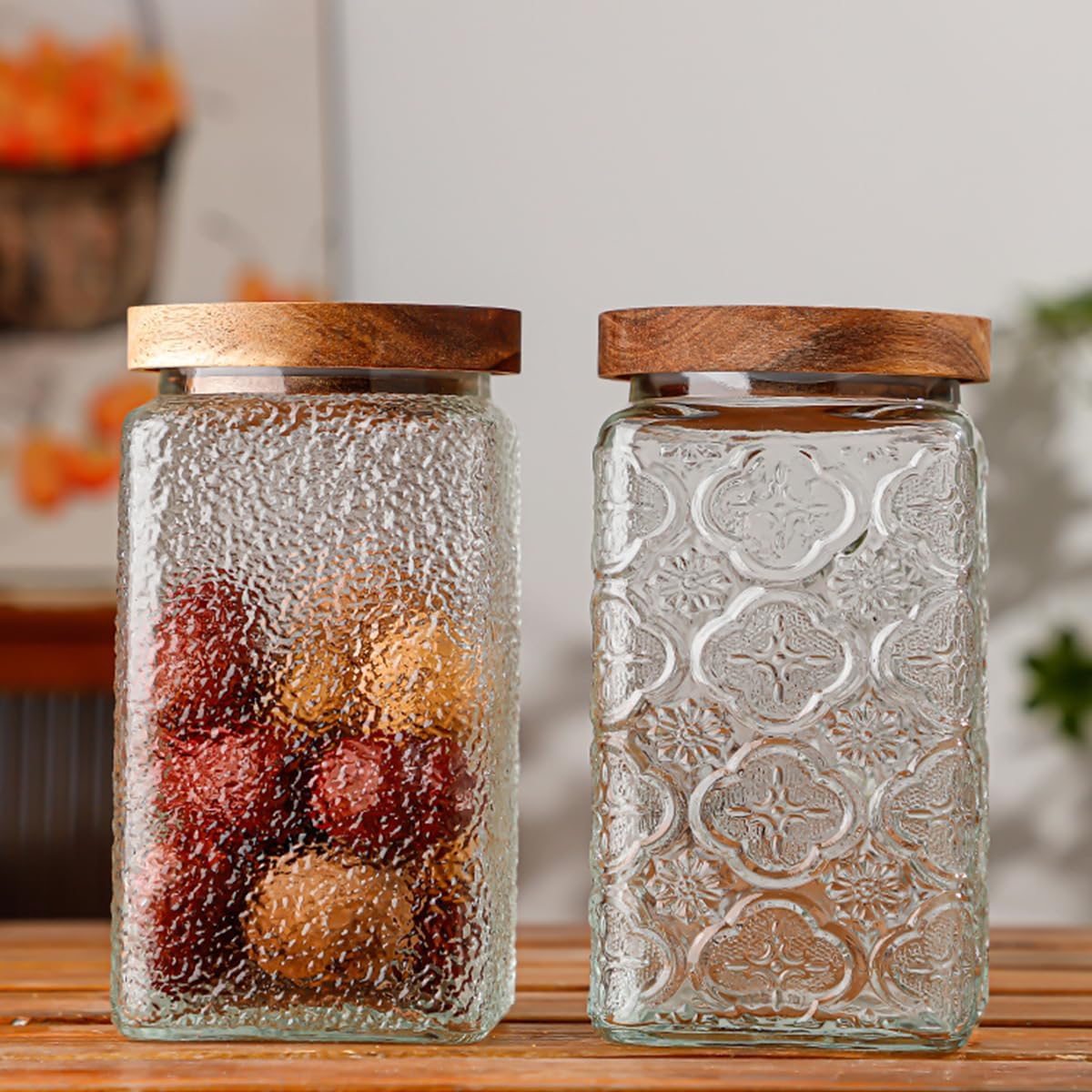 ANSQU Vintage Glass Storage Jar, Glass Canister Storage Jar Container with Airtight Wooden Lid for Kitchen Counter, Pantry, Coffee, Tea, Sugar, Cookie Jars (Square-Begonia)