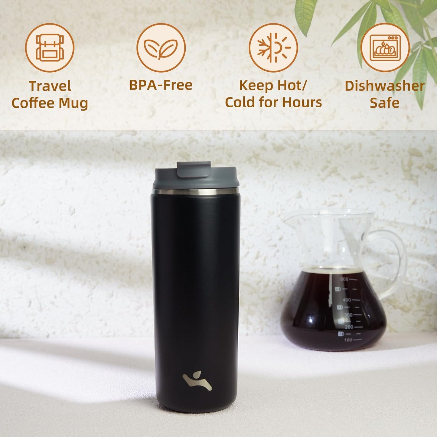 Tumbler with Lid, 16 oz Travel Coffee Mug Double Wall Vacuum Stainless Steel Thermal Metal Cup Insulated Water Bottle,Black