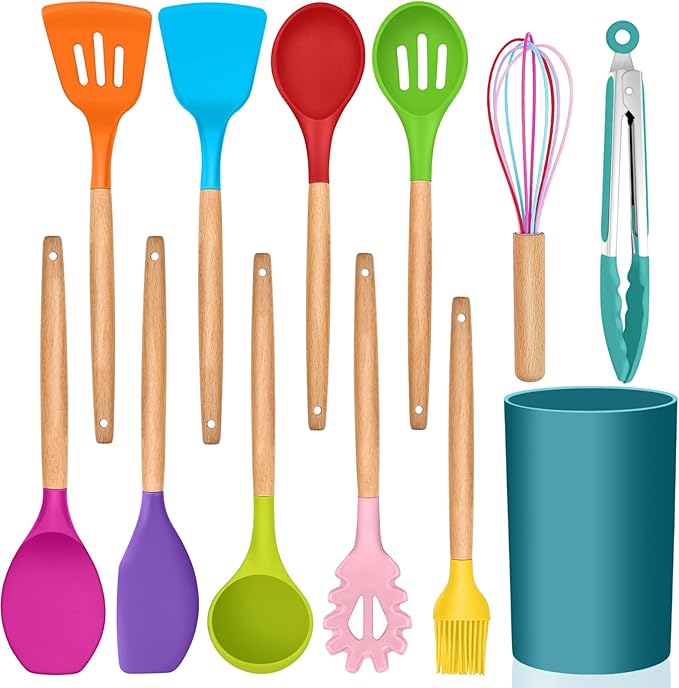Kitchen Utensils Set of 12, E-far Silicone Cooking Utensils with Holder, Non-stick Cookware Friendly & Heat Resistant, Includes Spatula Tong Whisk Ladle Brush Slotted Turner Spoon(Multi-colored)