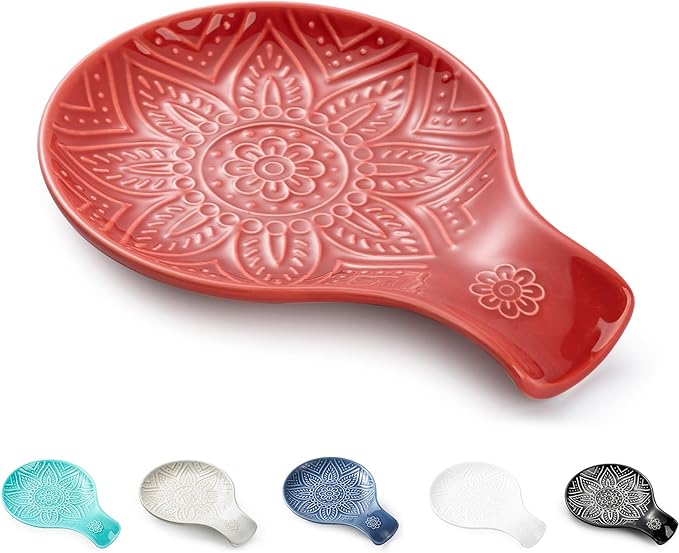 Ceramic Spoon Rest, 7.48 Inches Spoon Holder for Kitchen Counter, Kitchen Accessories, Dishwasher Safe, Red