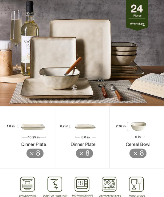 Famiware Dinnerware Sets for 8, Ocean Square 24-Piece Kitchen Plates and Bowls Sets, Microwave and Dishwasher Safe, Scratch Resistant, Light khaki