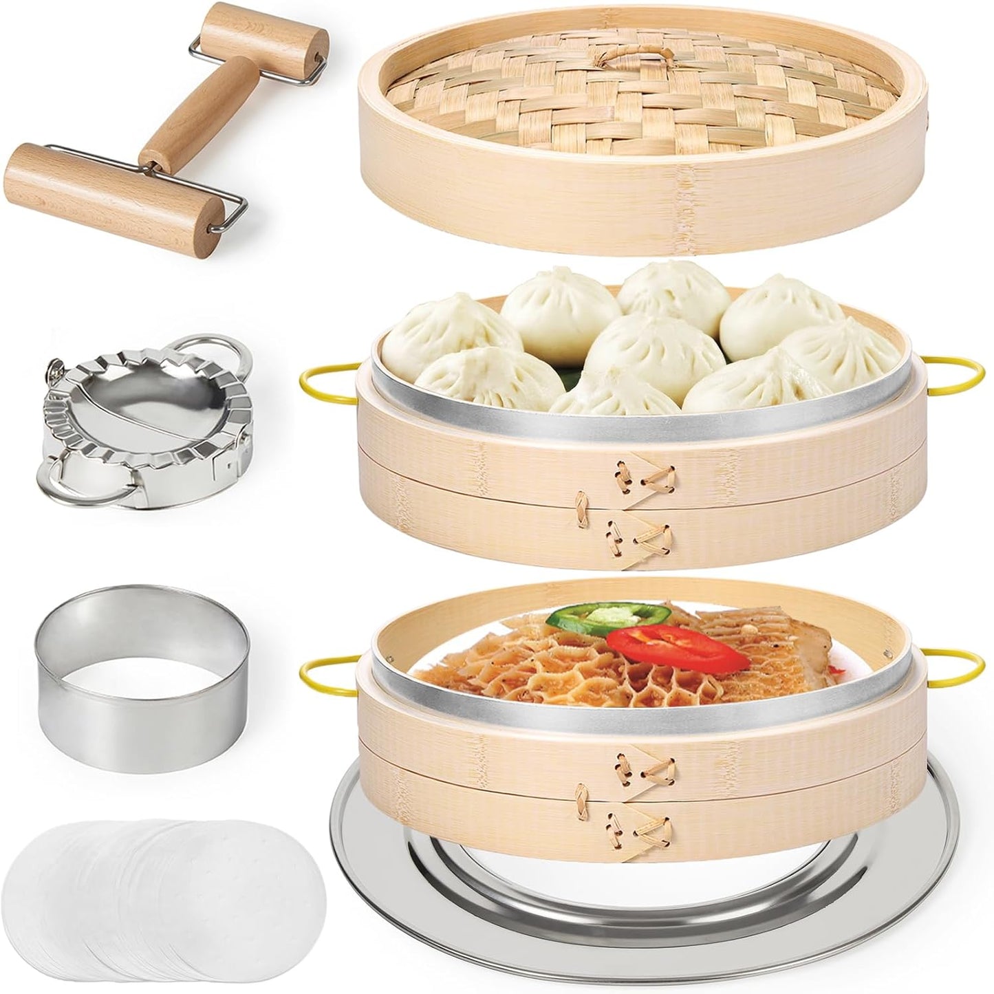 MacaRio Bamboo Steamer Basket Set 10 inch Dumpling Steamer for Cooking with Side Handles Ring Adapter Roller Dumpling Cutter & Press Liners for Dim Sum Dumplings Buns Seafoods Vegetables Rice
