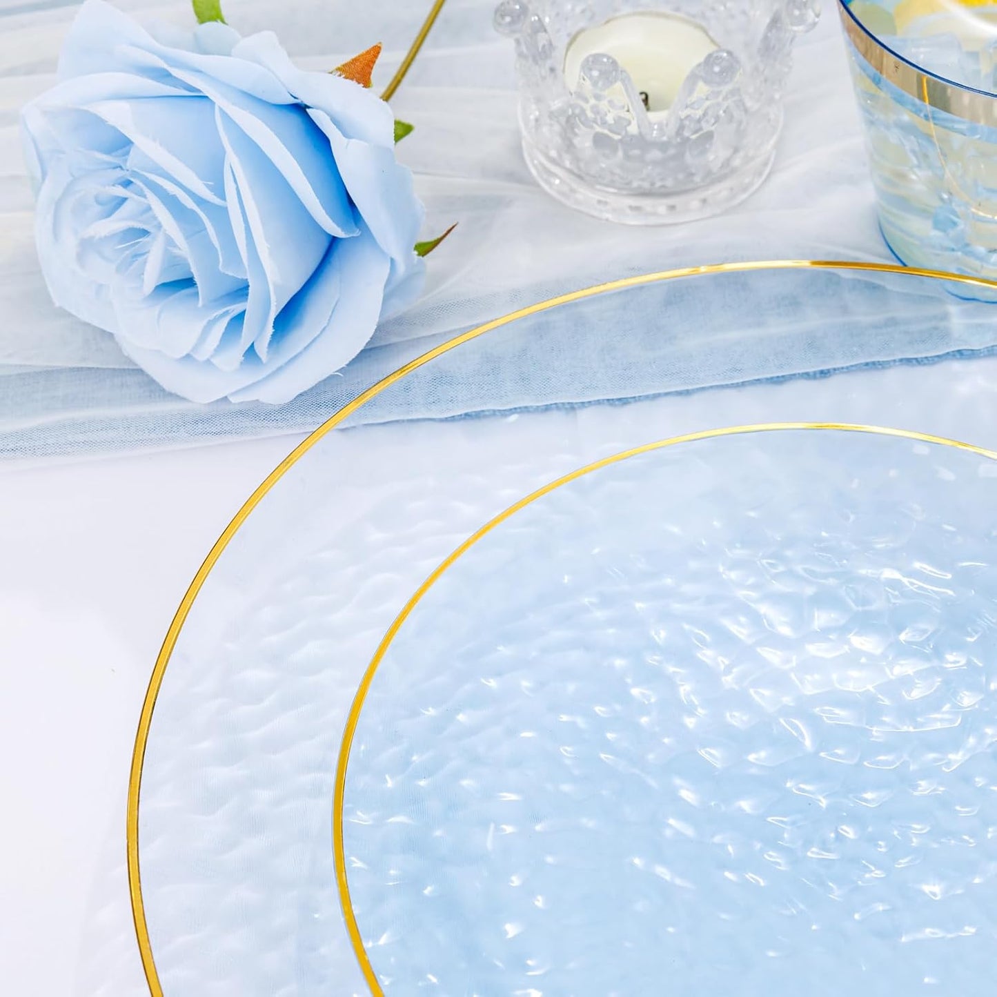 DaYammi 350PCS Clear Blue Gold Plastic Dinnerware Set for 50 Guests, Hammered Disposable Plates for Party, Include: 50 Dinner Plates, 50 Dessert Plates, 150 Gold Silverware, 50 Napkins, 50 Cups