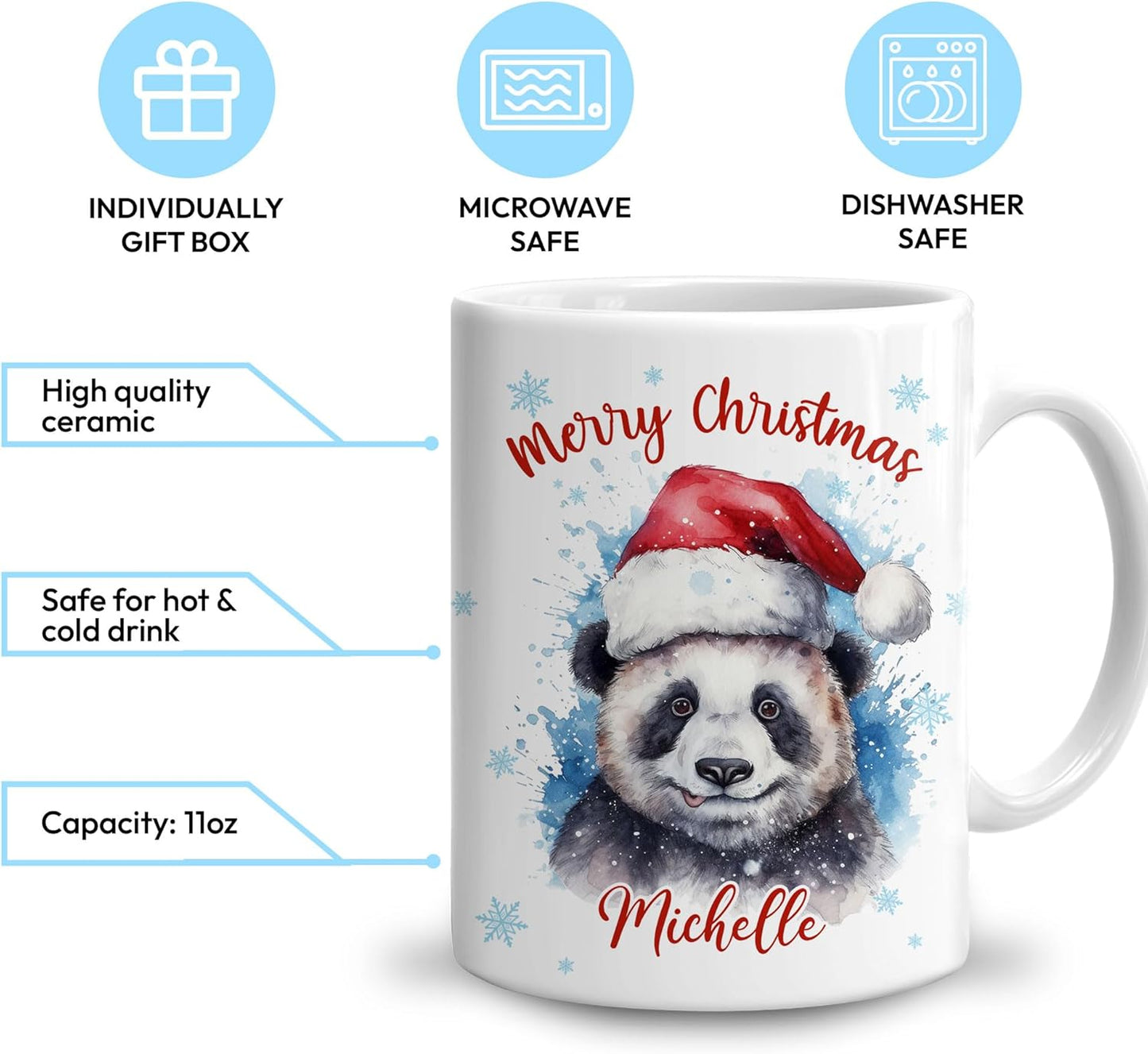 Hyturtle Personalized Gifts Panda Lover - Panda Wearing Santa Hat Custom Name Ceramic Coffee Mug Cup 11oz - Cute Animal Lovers Gifts For Women, Girl kids Family On Birthday, Christmas
