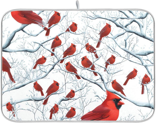 Red Birds on Branches Dish Drying Mat for Kitchen Counter Super Absorbent Dishes Pad Reversible Microfiber Protector Dish Draining Mats 18x24 inch