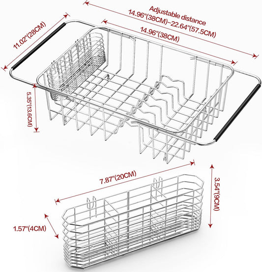 Large Dish Drainer Rack in Sink Adjustable, Expandable 304 Stainless Steel Metal Dish Drying Rack Organizer with Stainless Steel Utensil Holder Over Inside Sink Counter, Rustproof