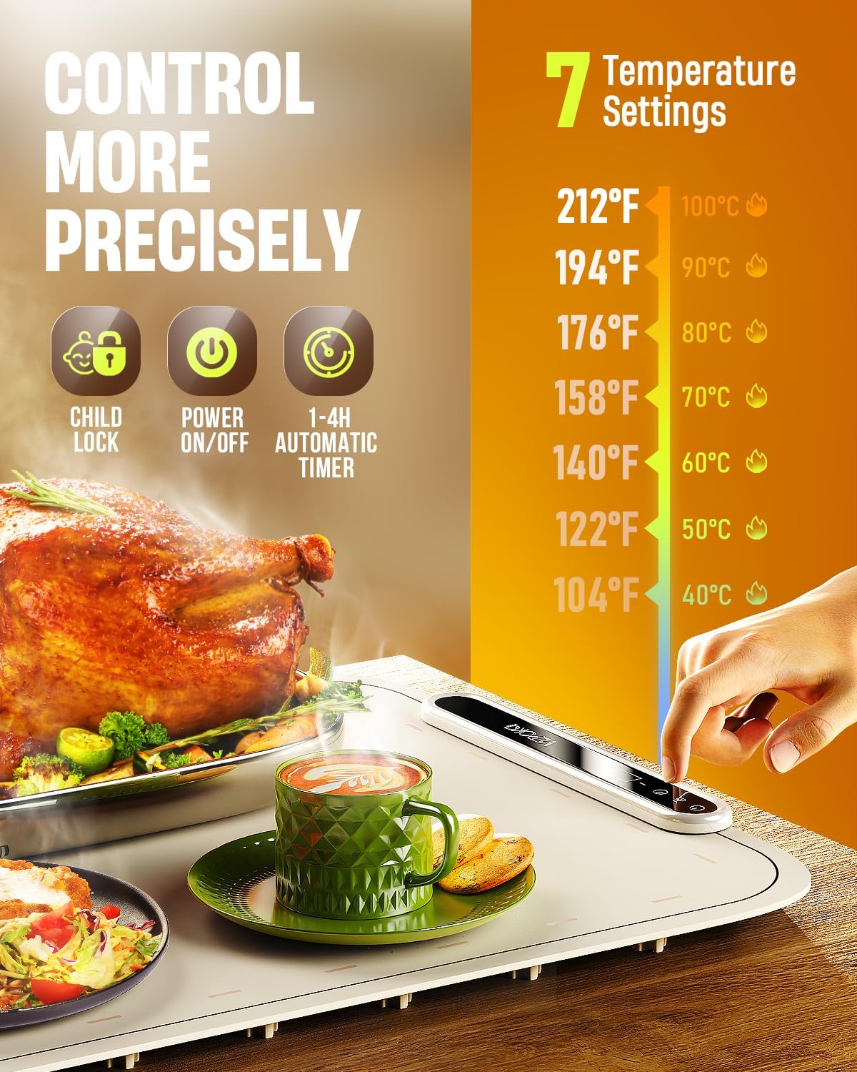 Warming Mat for Food, VEPOKA Food Warmer Mat for Countertop, Electric Warming Tray with 7 Temp Levels & Auto Shut-Off, Food Warmers for Parties, Ideal Gift for Kitchen & Buffet Use